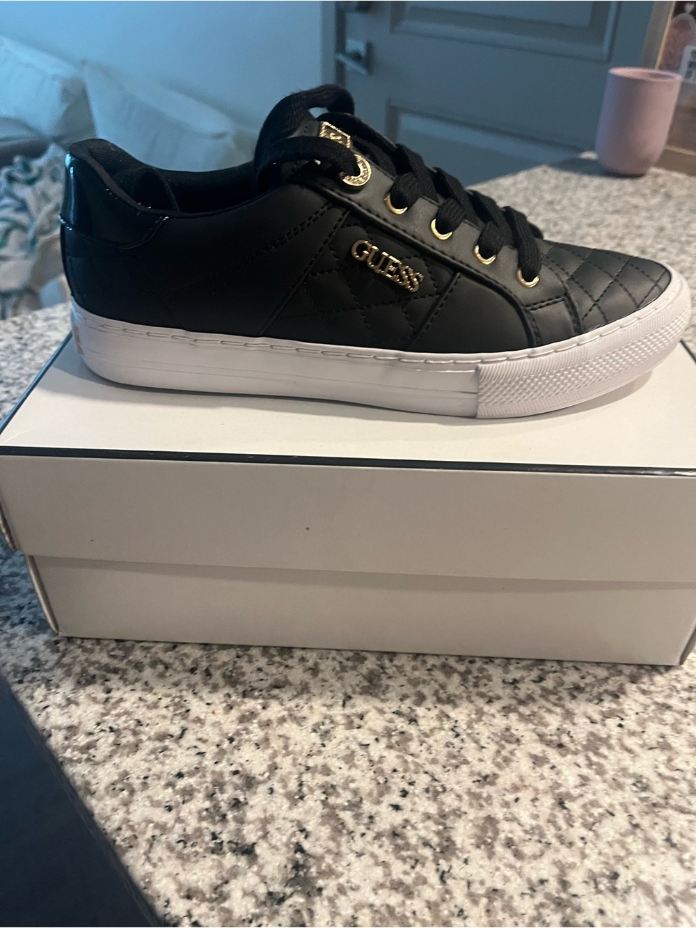 Guess Black Quilted Low-Top Kids Sneakers with White Sole